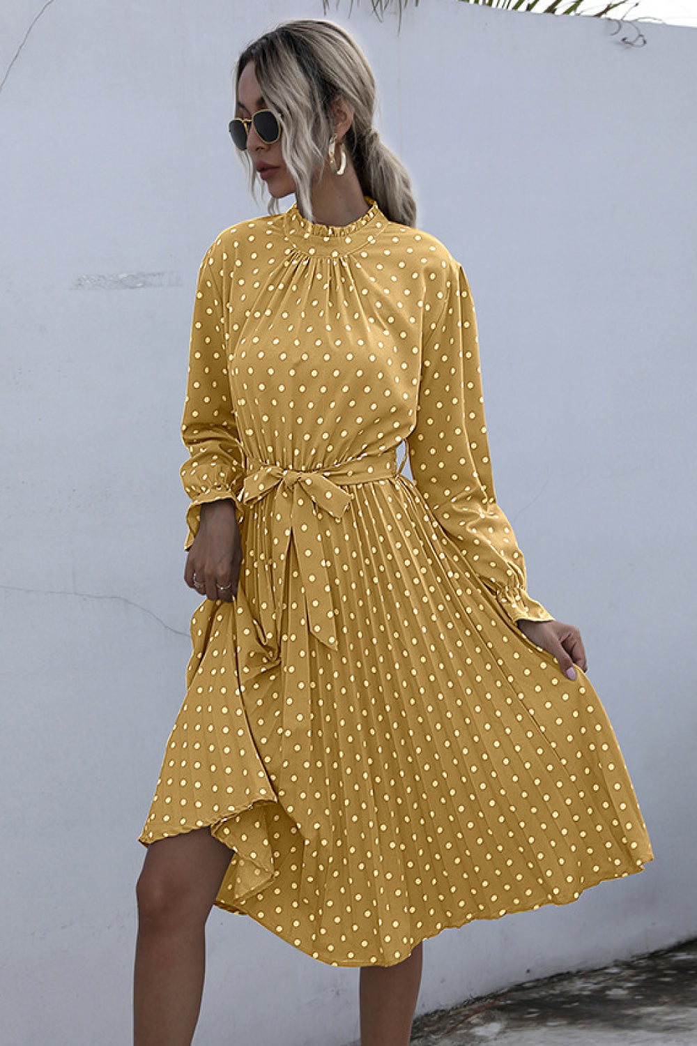 Polka Dot Pleated Dress With Belt