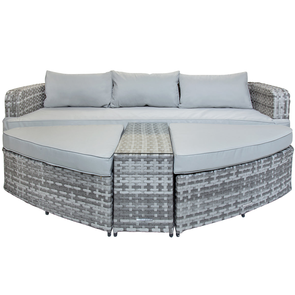 Milano Rattan Sofa With Two Large Footstools Table Light Grey
